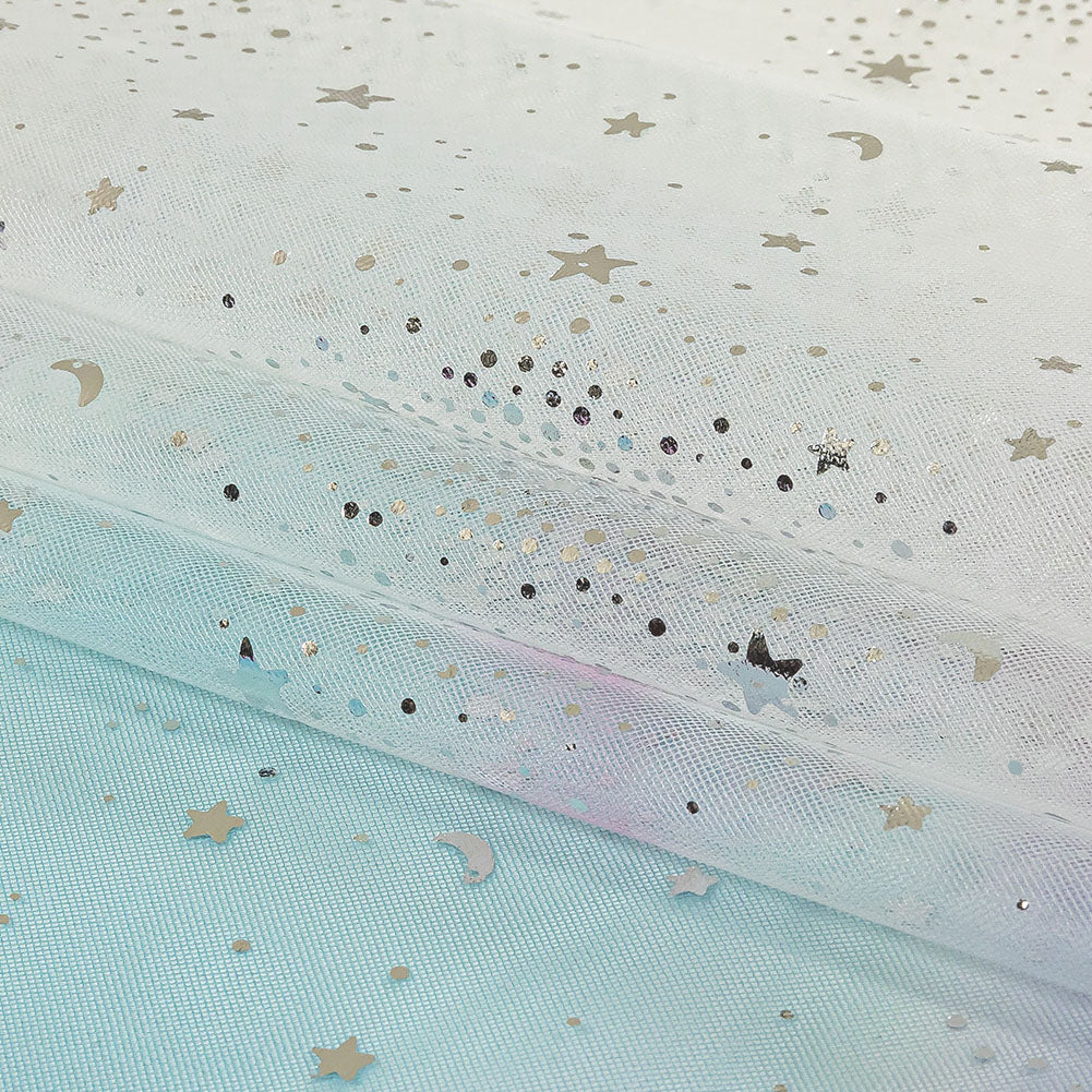 Blue, White and Silver Starry Border Printed Tulle - Folded Blue, White and Silver Starry Border Printed Tulle - Folded