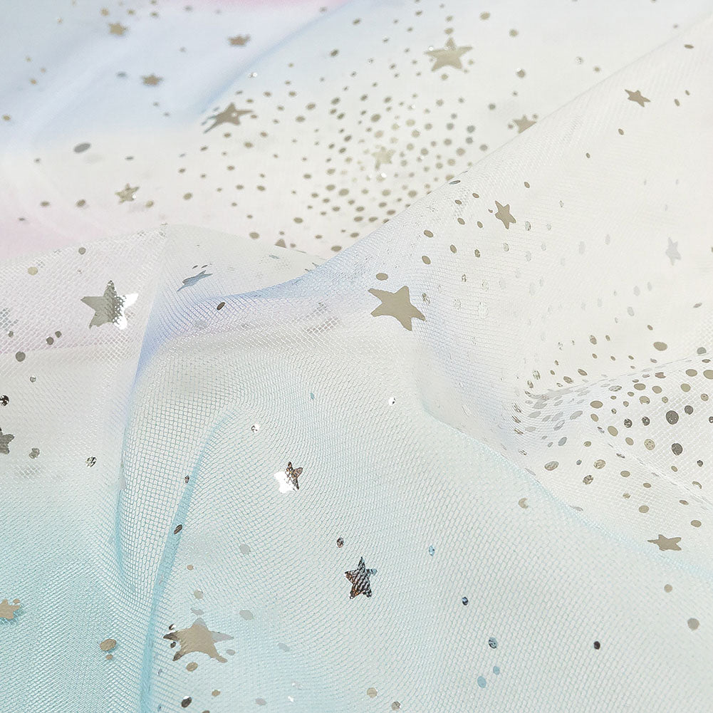 Blue, White and Silver Starry Border Printed Tulle - Detail Blue, White and Silver Starry Border Printed Tulle - Detail