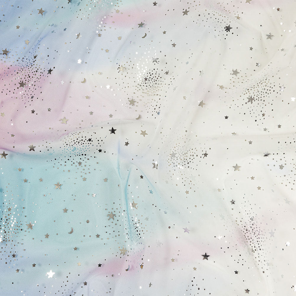 Blue, White and Silver Starry Border Printed Tulle Blue, White and Silver Starry Border Printed Tulle