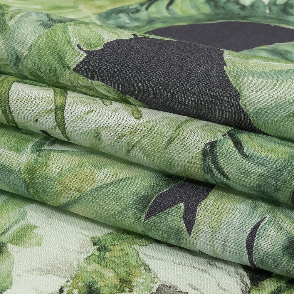 Green and Navy Succulent Leaves Medium Weight Linen Woven Folded Green and Navy Succulent Leaves Medium Weight Linen Woven Folded