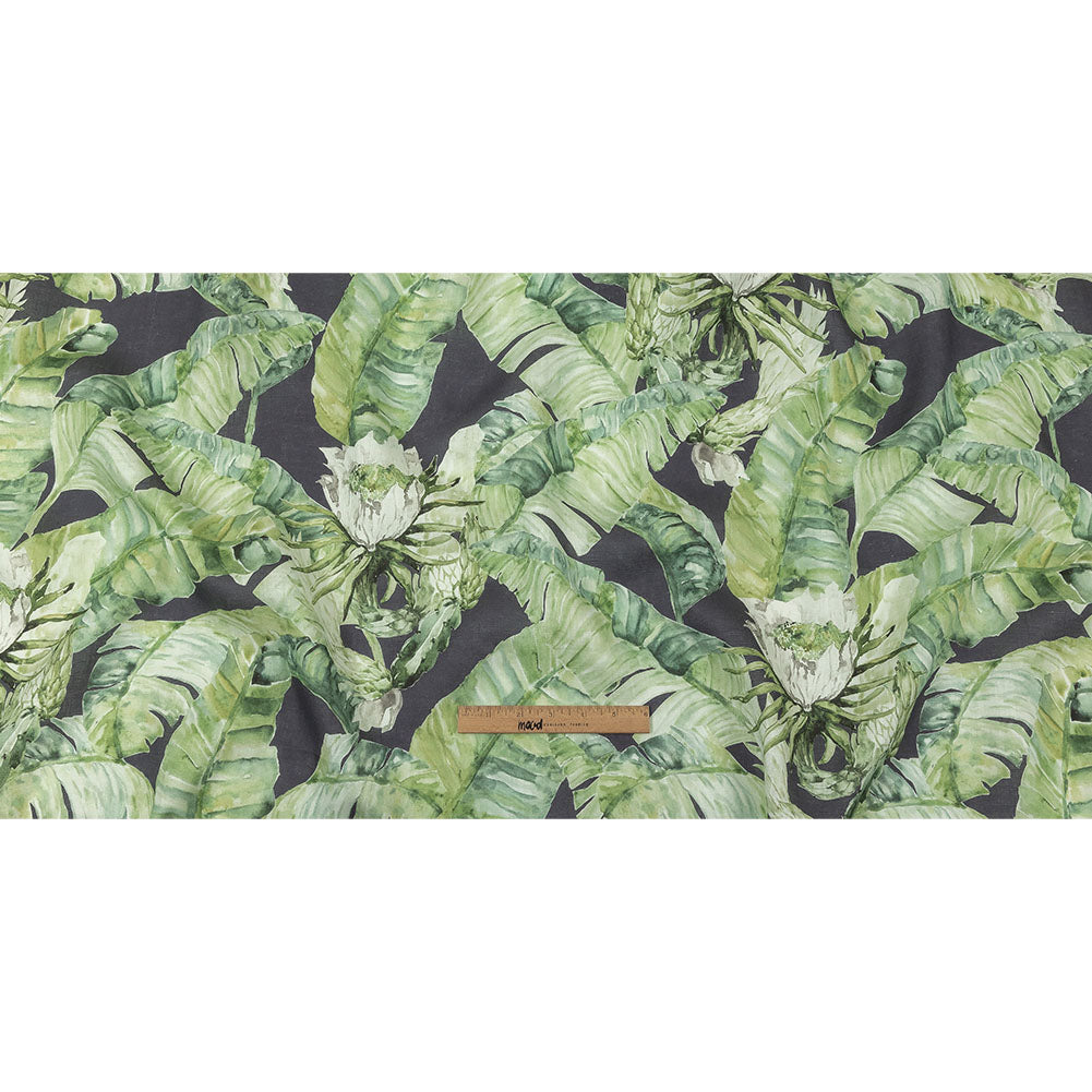 Green and Navy Succulent Leaves Medium Weight Linen Woven Full Green and Navy Succulent Leaves Medium Weight Linen Woven Full