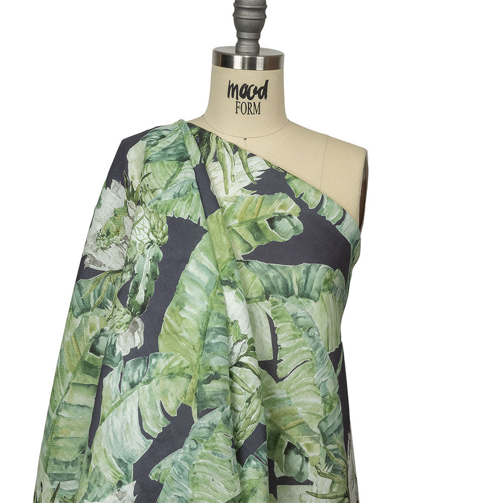 Green and Navy Succulent Leaves Medium Weight Linen Woven Drape Green and Navy Succulent Leaves Medium Weight Linen Woven Drape