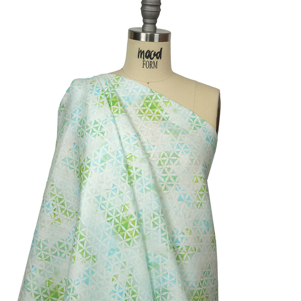 Turquoise, Lime and White Floral Geometry Medium Weight Linen Woven Drape Turquoise, Lime and White Floral Geometry Medium Weight Linen Woven Drape