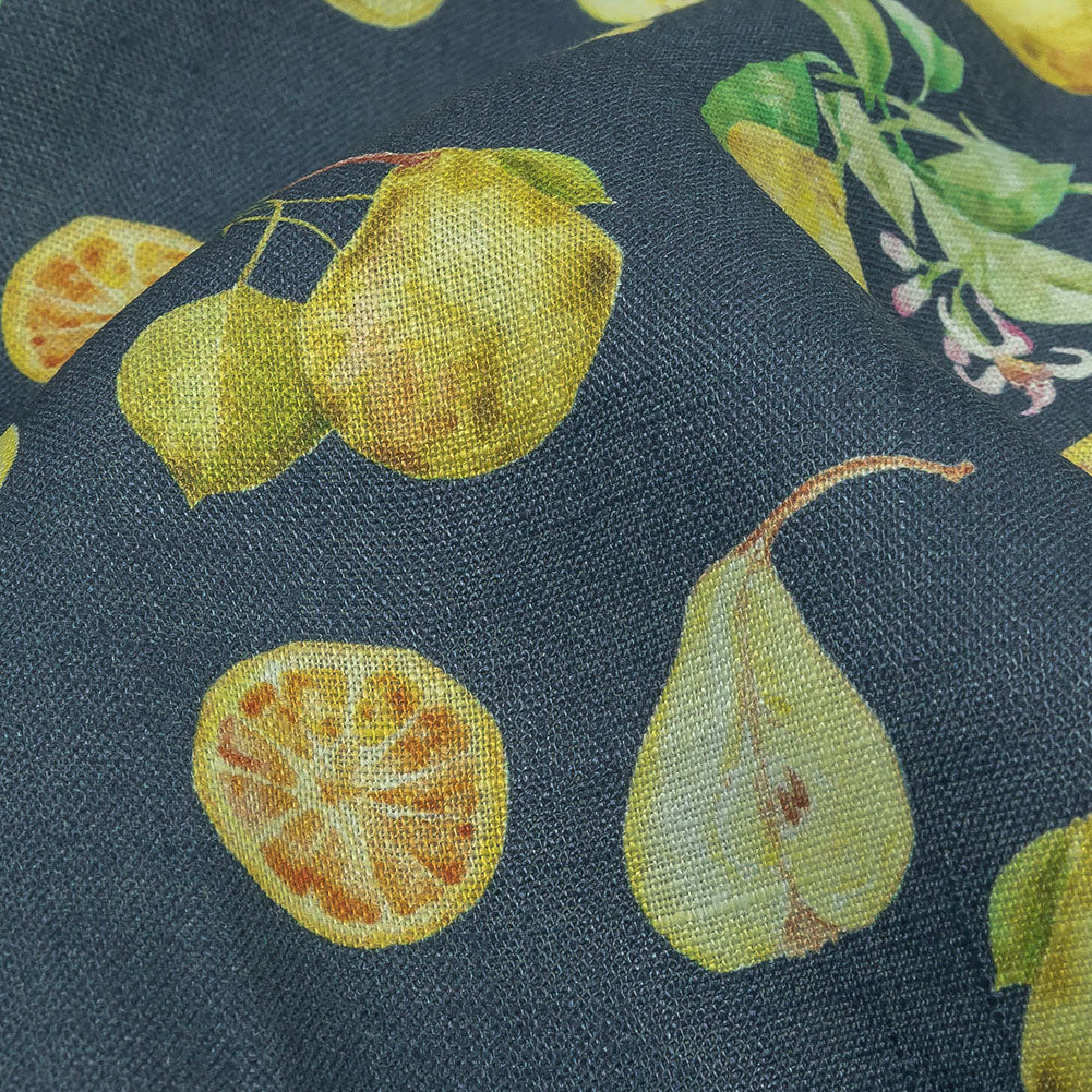 Navy and Green Apples, Pears and Oranges Medium Weight Linen Woven Detail Navy and Green Apples, Pears and Oranges Medium Weight Linen Woven Detail