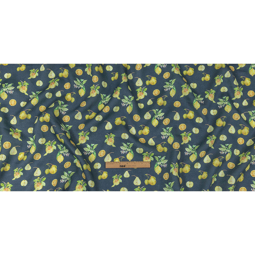 Navy and Green Apples, Pears and Oranges Medium Weight Linen Woven Full Navy and Green Apples, Pears and Oranges Medium Weight Linen Woven Full