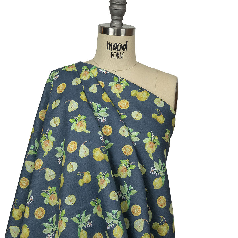 Navy and Green Apples, Pears and Oranges Medium Weight Linen Woven Drape Navy and Green Apples, Pears and Oranges Medium Weight Linen Woven Drape