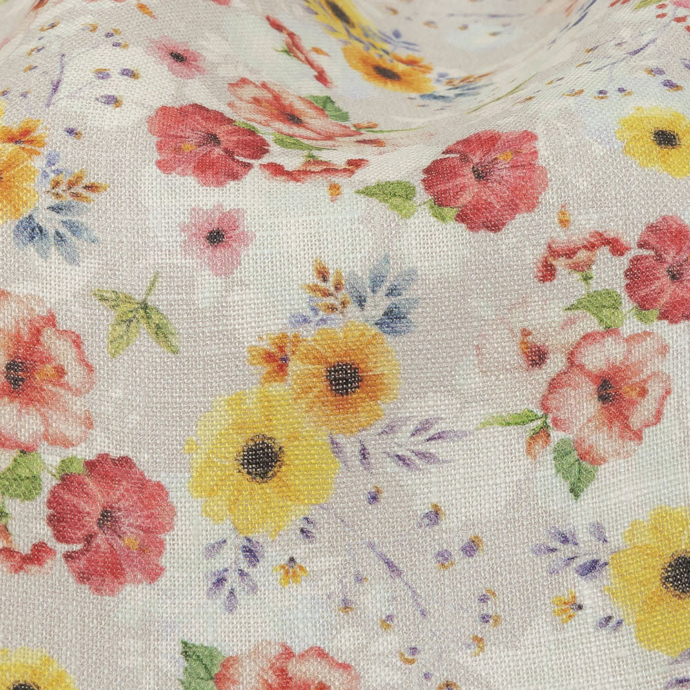 Pink, Yellow and Gray Wildflowers Medium Weight Linen Woven Detail Pink, Yellow and Gray Wildflowers Medium Weight Linen Woven Detail