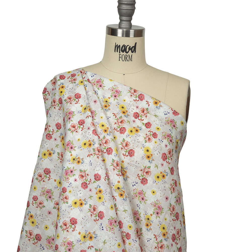 Pink, Yellow and Gray Wildflowers Medium Weight Linen Woven Drape Pink, Yellow and Gray Wildflowers Medium Weight Linen Woven Drape