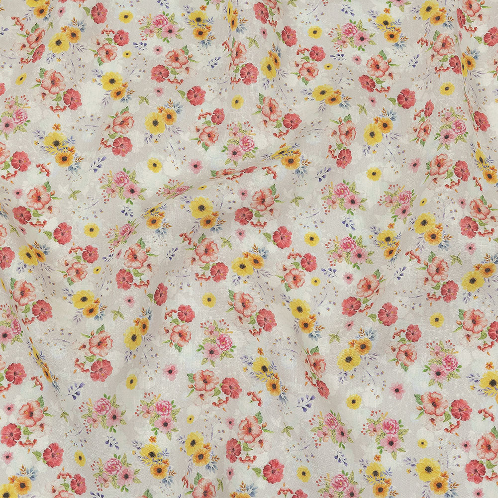 Pink, Yellow and Gray Wildflowers Medium Weight Linen Woven Pink, Yellow and Gray Wildflowers Medium Weight Linen Woven