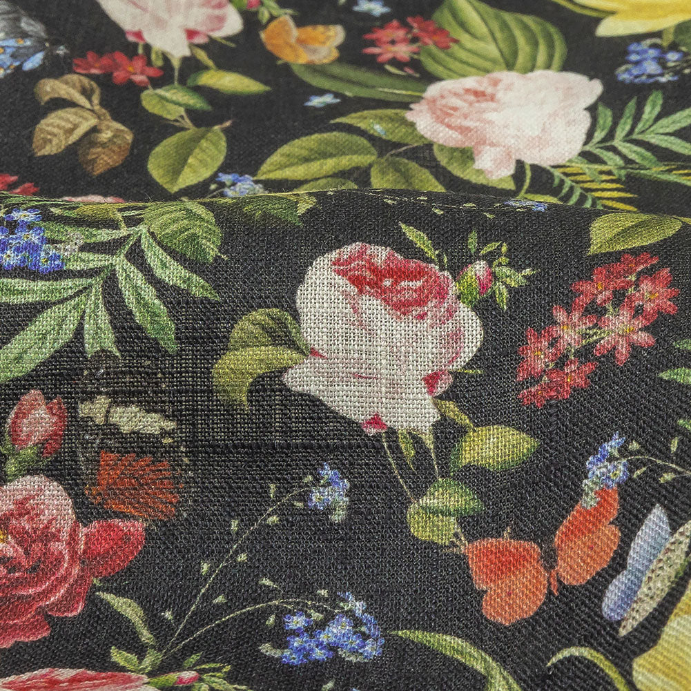 Black, Pink and Yellow Butterfly Garden Medium Weight Linen Woven Detail Black, Pink and Yellow Butterfly Garden Medium Weight Linen Woven Detail