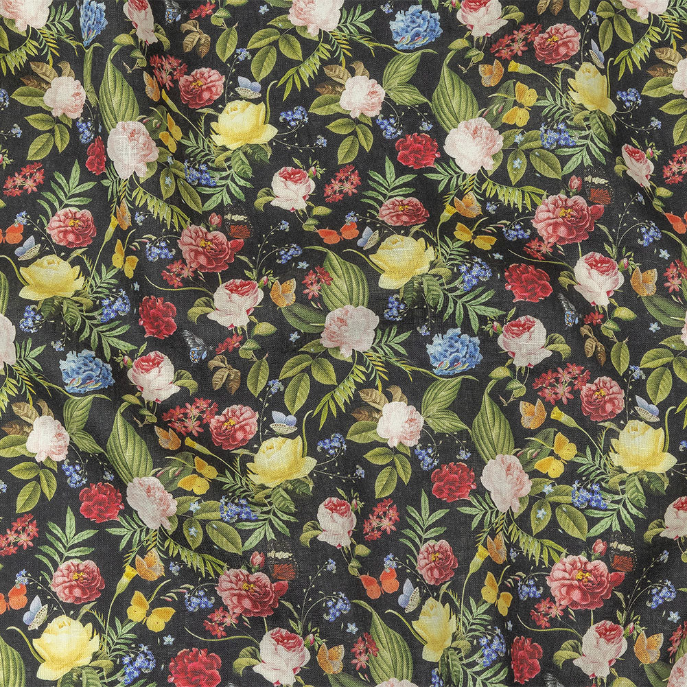 Black, Pink and Yellow Butterfly Garden Medium Weight Linen Woven Black, Pink and Yellow Butterfly Garden Medium Weight Linen Woven