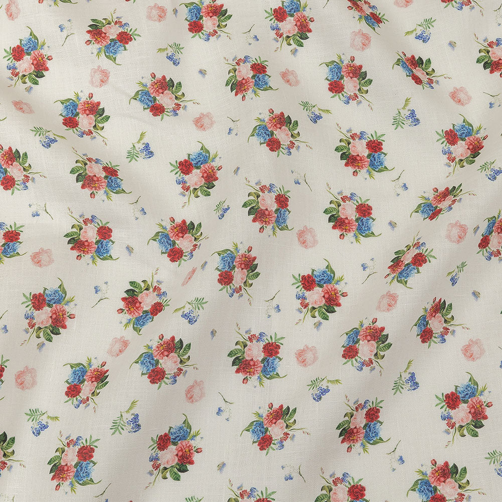 Pink, Blue and White Perfect Posies Medium Weight Linen Woven Pink, Blue and White Perfect Posies Medium Weight Linen Woven