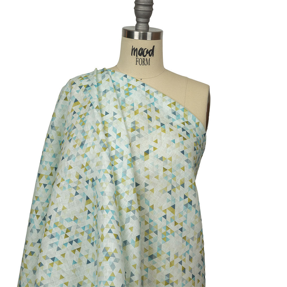 Blue, Lime and White Triangles Medium Weight Linen Woven Drape Blue, Lime and White Triangles Medium Weight Linen Woven Drape