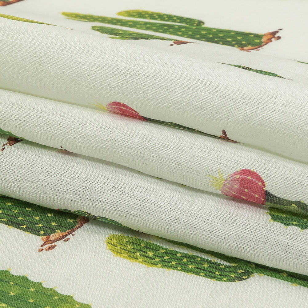 Green and Ivory Cactuses Medium Weight Linen Woven Folded Green and Ivory Cactuses Medium Weight Linen Woven Folded