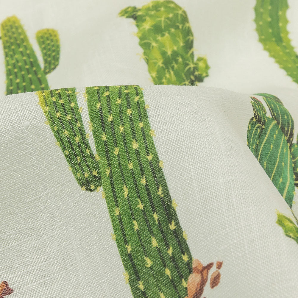 Green and Ivory Cactuses Medium Weight Linen Woven Detail Green and Ivory Cactuses Medium Weight Linen Woven Detail