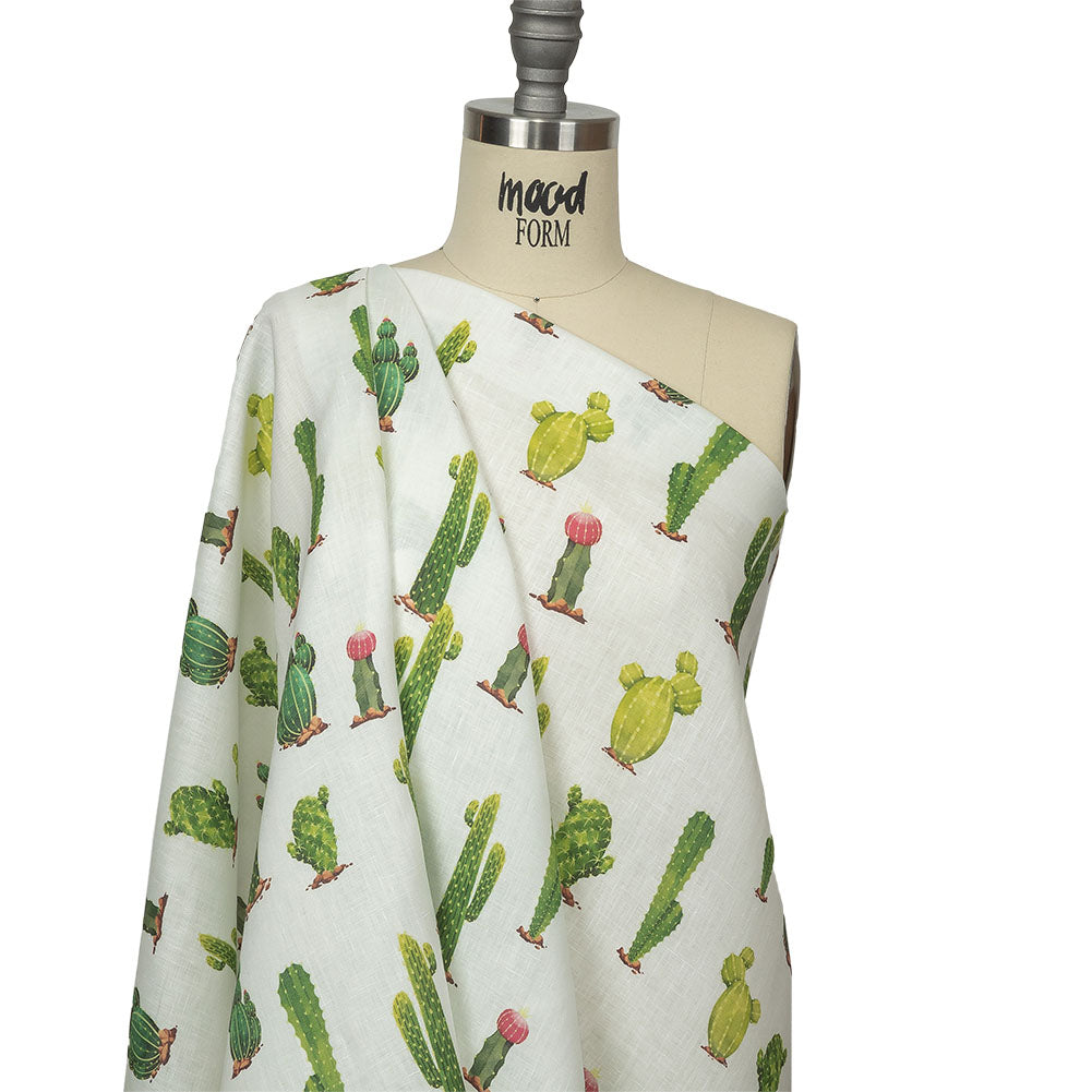Green and Ivory Cactuses Medium Weight Linen Woven Drape Green and Ivory Cactuses Medium Weight Linen Woven Drape