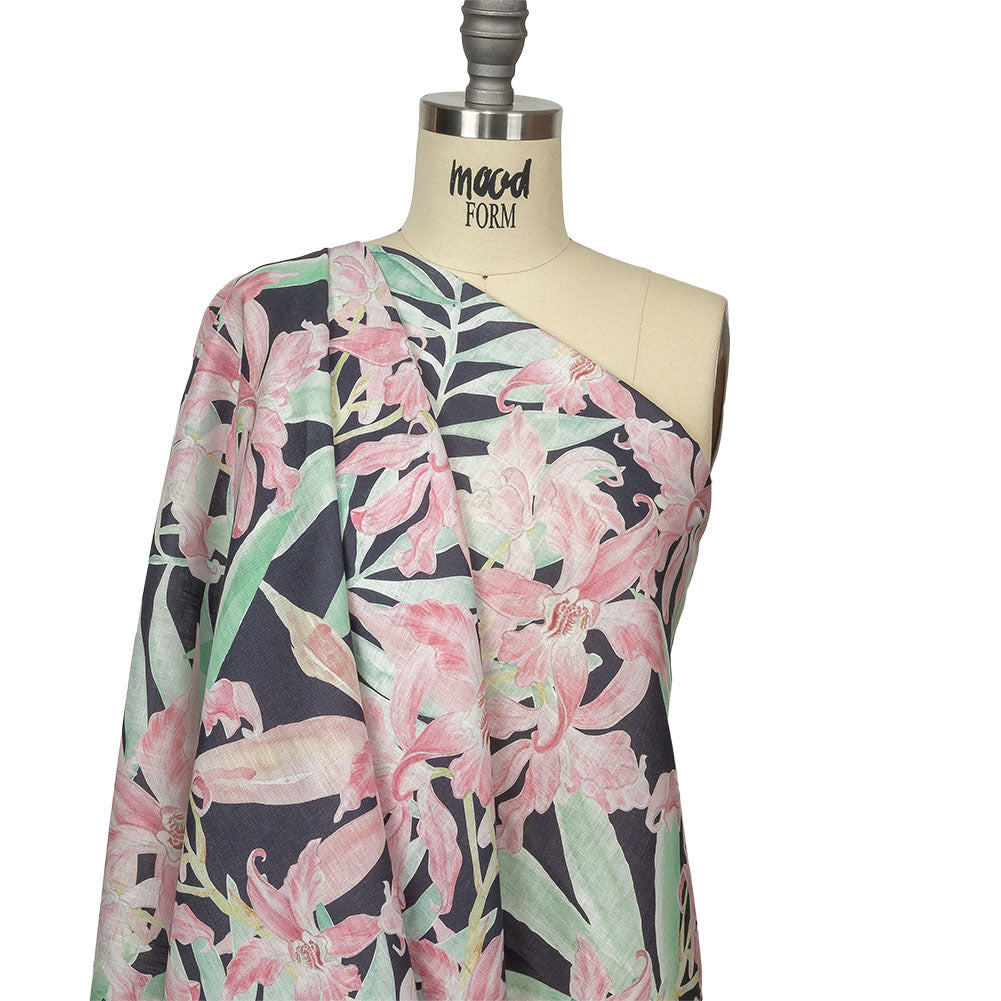 Pink, Green and Black Lilies Medium Weight Linen Woven Drape Pink, Green and Black Lilies Medium Weight Linen Woven Drape