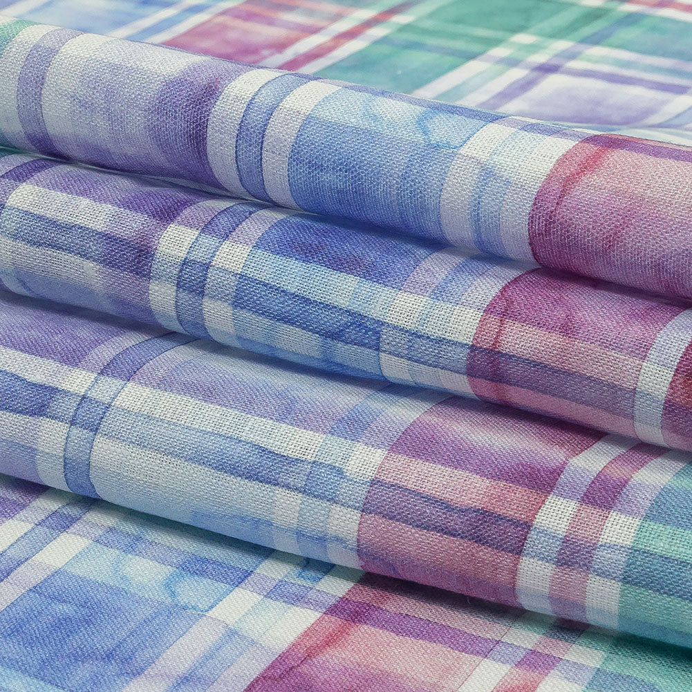 Purple, Teal and Pink Watercolor Plaid Medium Weight Linen Woven Folded Purple, Teal and Pink Watercolor Plaid Medium Weight Linen Woven Folded