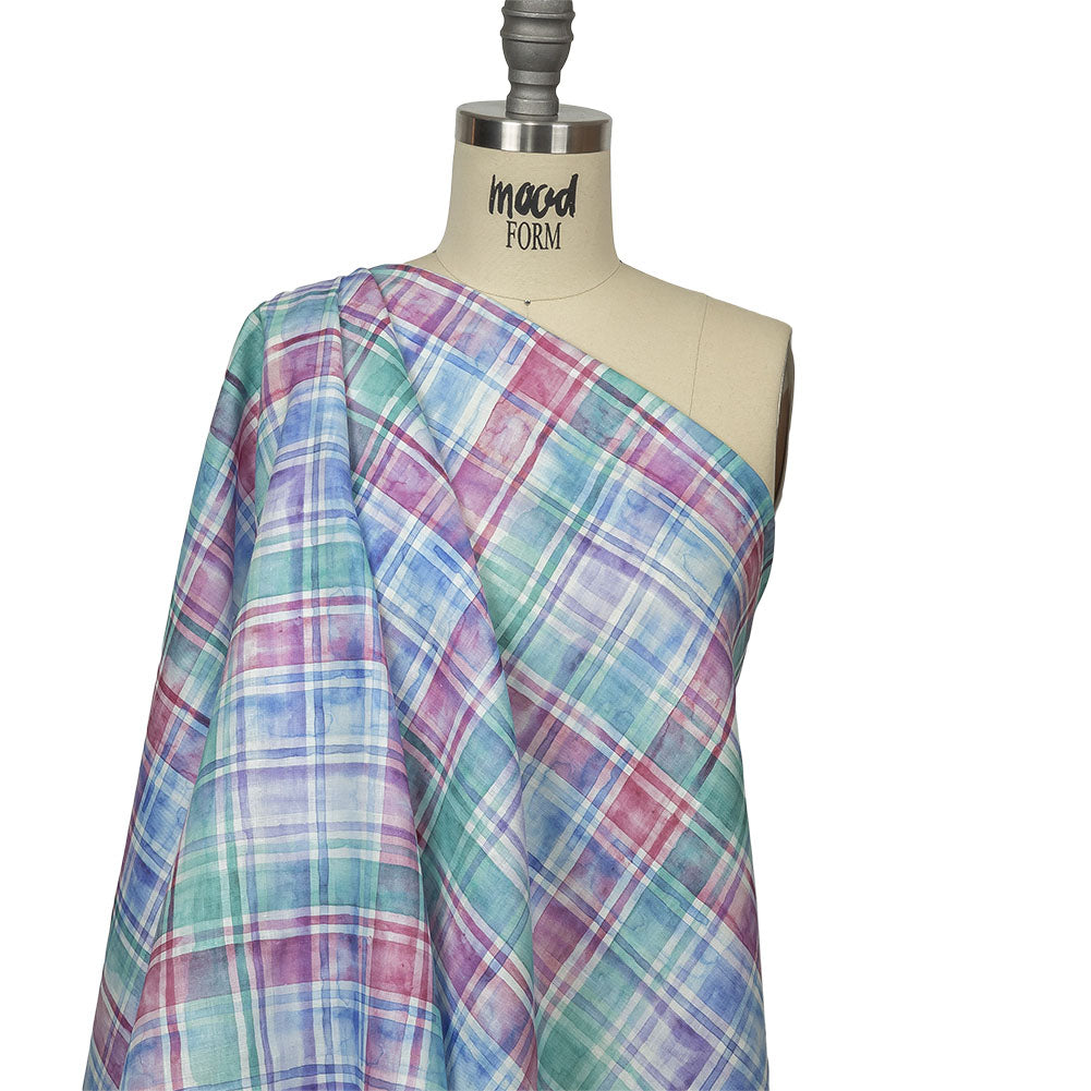 Purple, Teal and Pink Watercolor Plaid Medium Weight Linen Woven Drape Purple, Teal and Pink Watercolor Plaid Medium Weight Linen Woven Drape