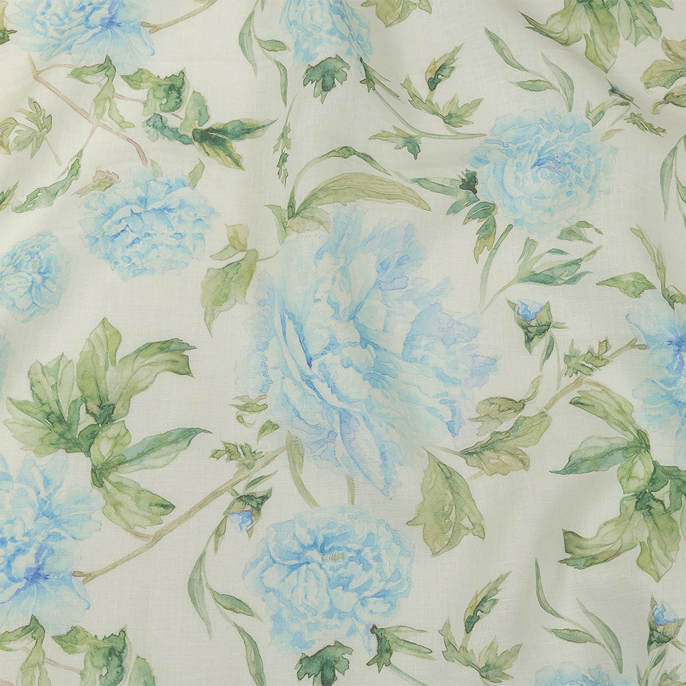 Blue, Green and White Watercolor Roses Medium Weight Linen Woven Blue, Green and White Watercolor Roses Medium Weight Linen Woven