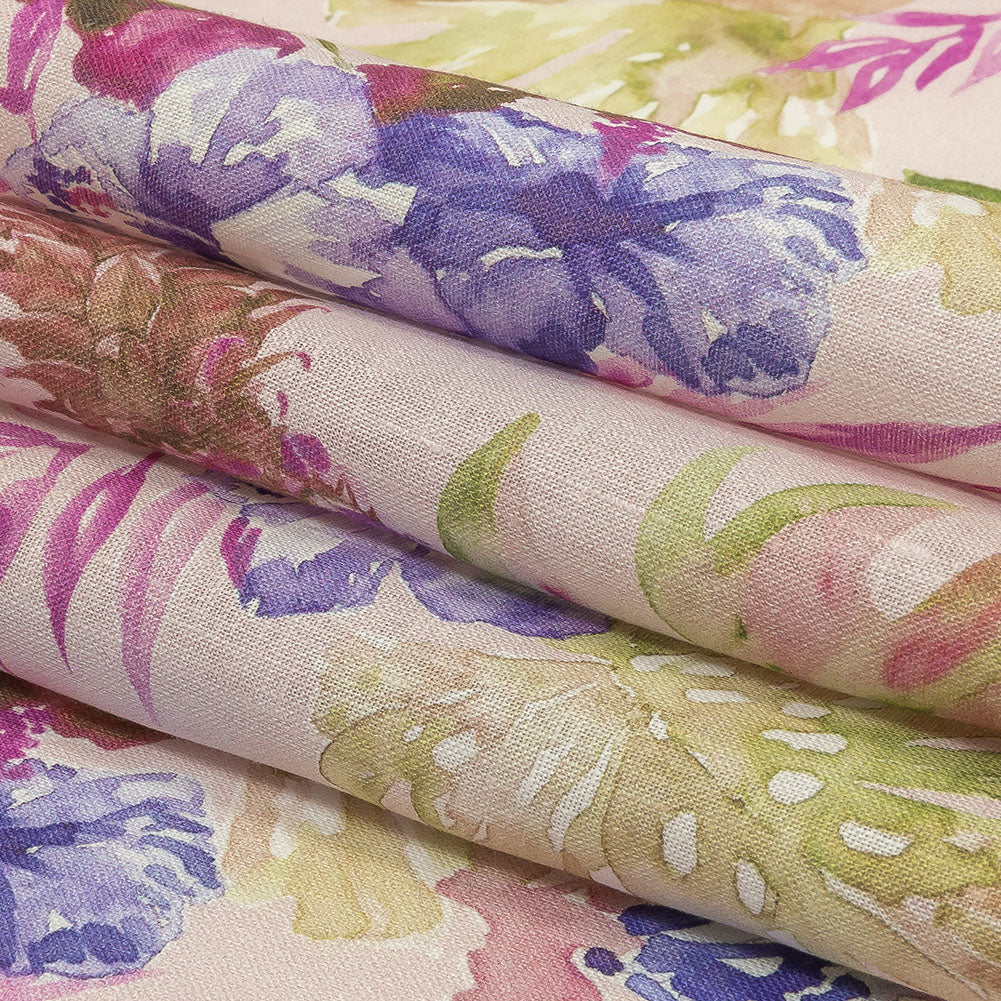 Pink, Purple and Green Watercolor Tropical Plants and Pineapples Medium Weight Linen Woven Folded Pink, Purple and Green Watercolor Tropical Plants and Pineapples Medium Weight Linen Woven Folded