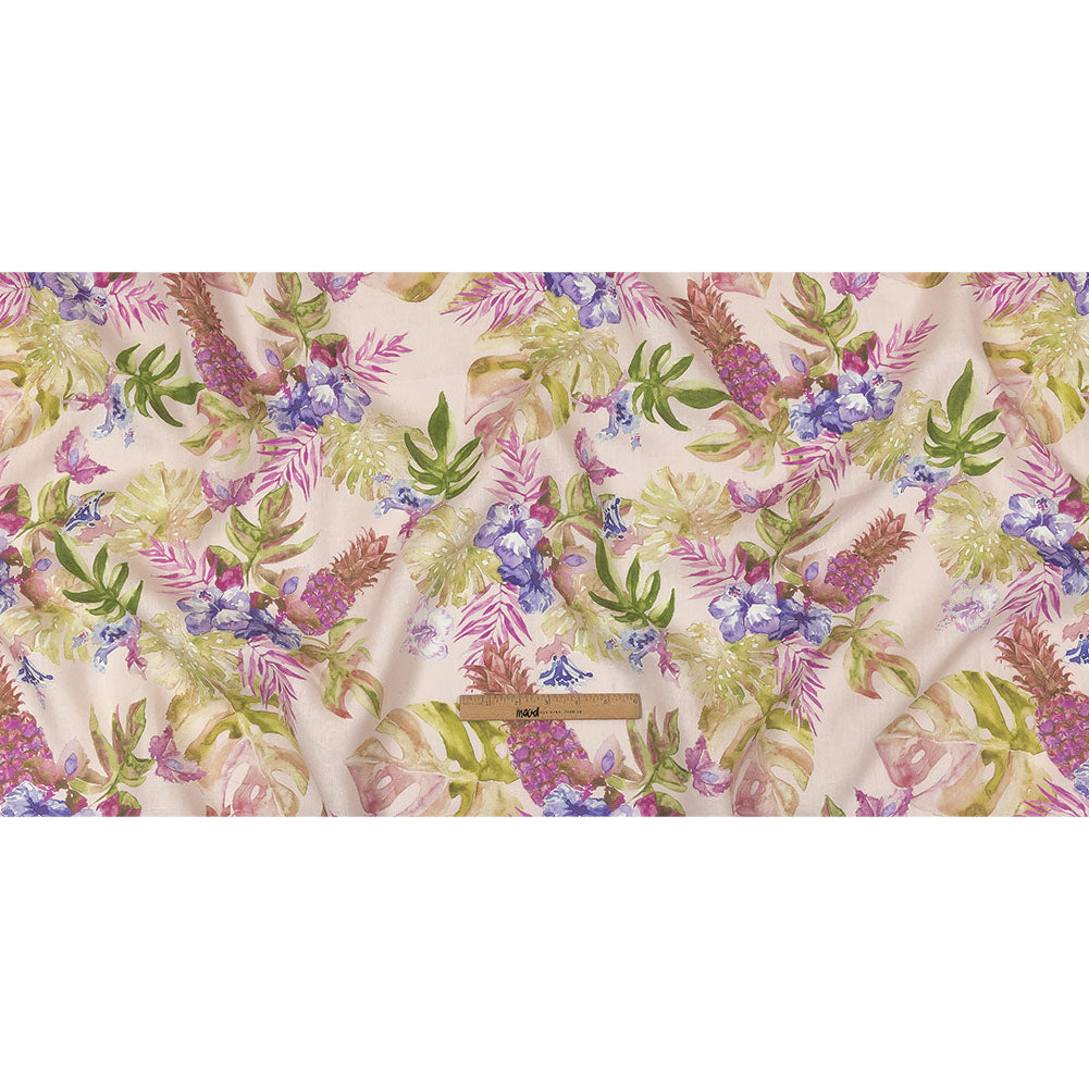 Pink, Purple and Green Watercolor Tropical Plants and Pineapples Medium Weight Linen Woven Full Pink, Purple and Green Watercolor Tropical Plants and Pineapples Medium Weight Linen Woven Full