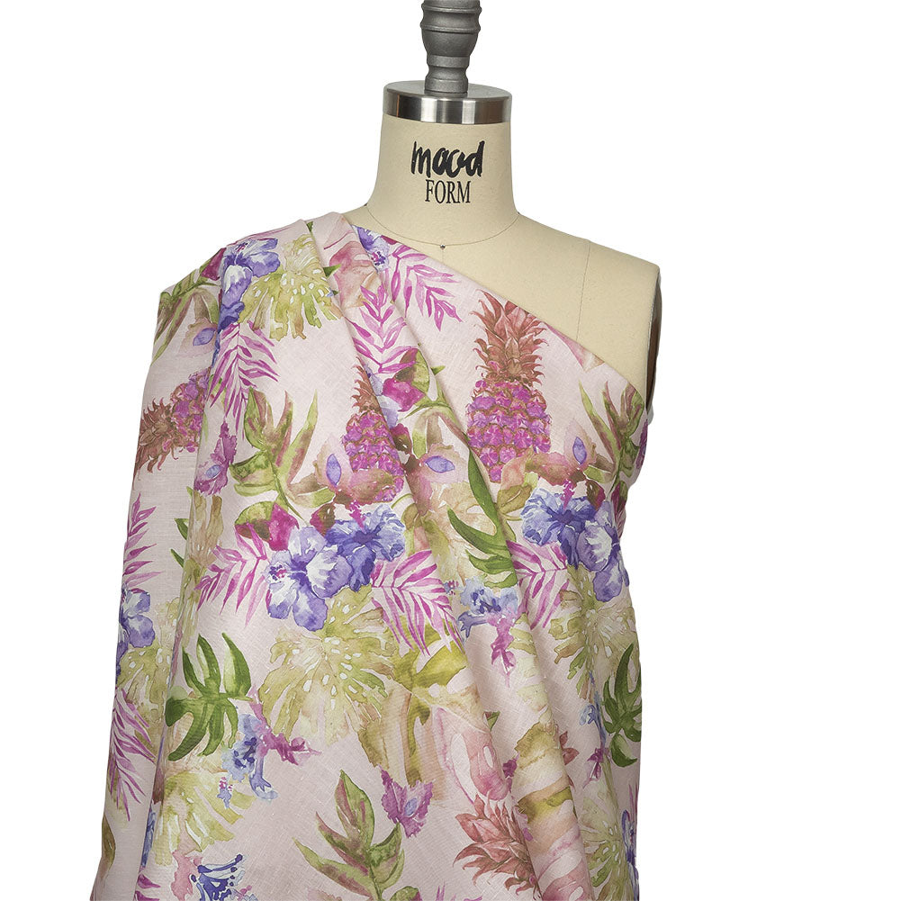 Pink, Purple and Green Watercolor Tropical Plants and Pineapples Medium Weight Linen Woven Drape Pink, Purple and Green Watercolor Tropical Plants and Pineapples Medium Weight Linen Woven Drape