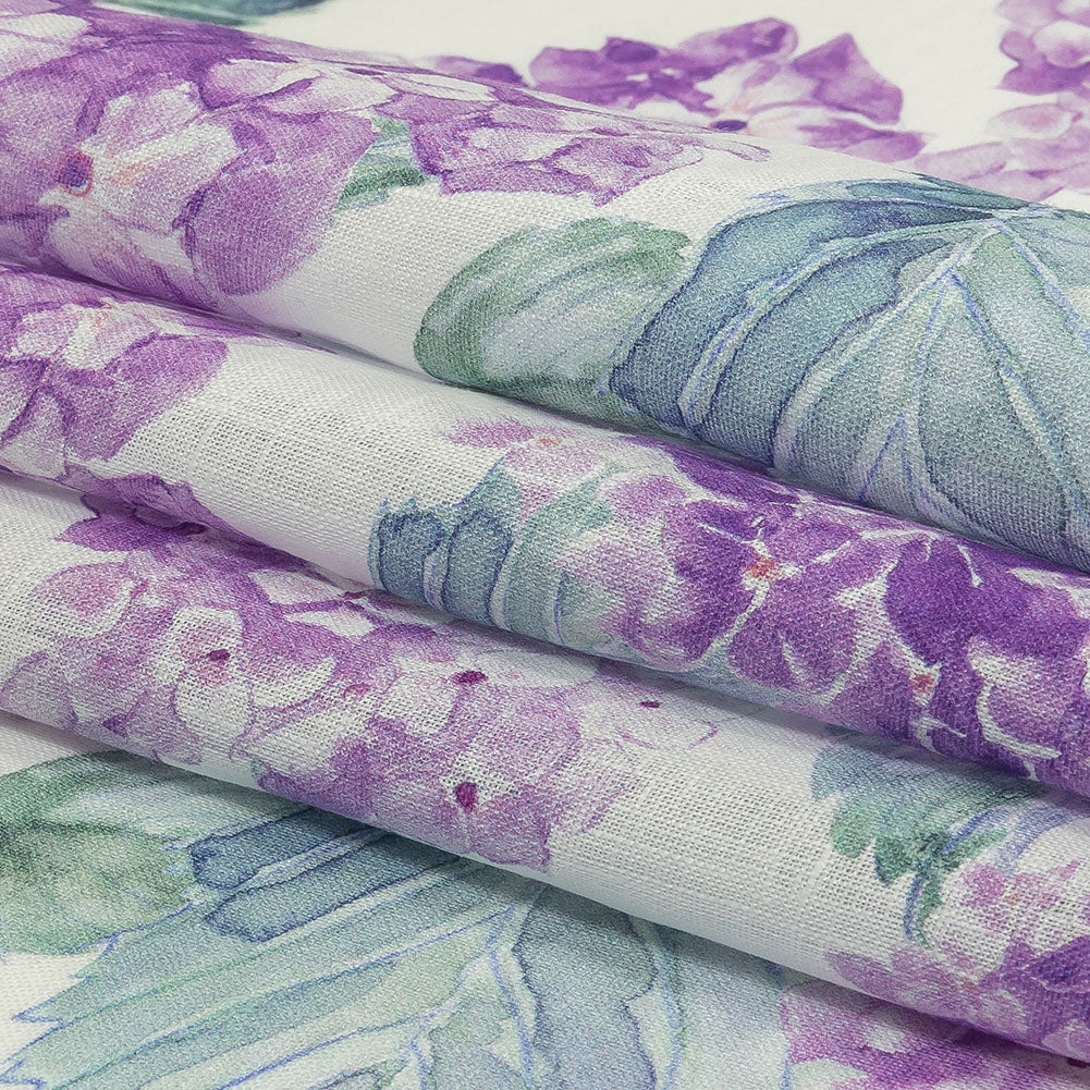 Purple, Green and White Hydrangeas Medium Weight Linen Woven Folded Purple, Green and White Hydrangeas Medium Weight Linen Woven Folded