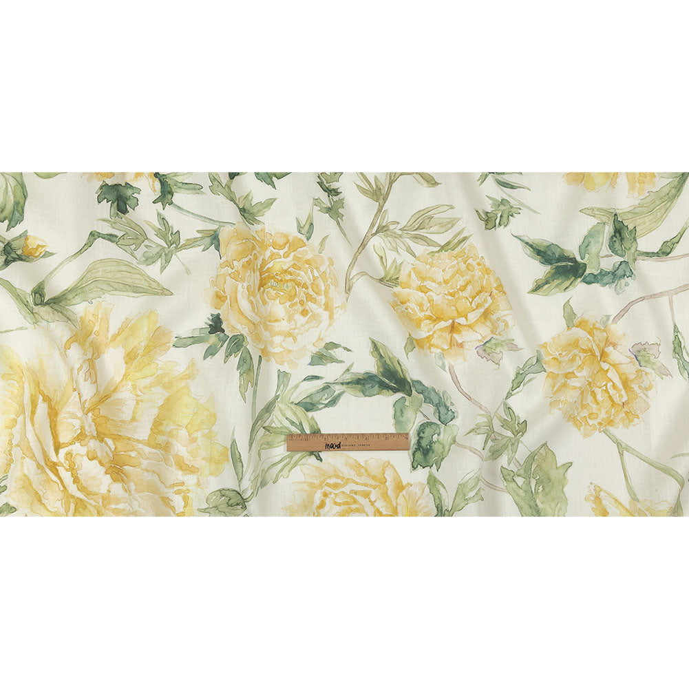 Yellow, Green and White Watercolor Roses Medium Weight Linen Woven Full Yellow, Green and White Watercolor Roses Medium Weight Linen Woven Full