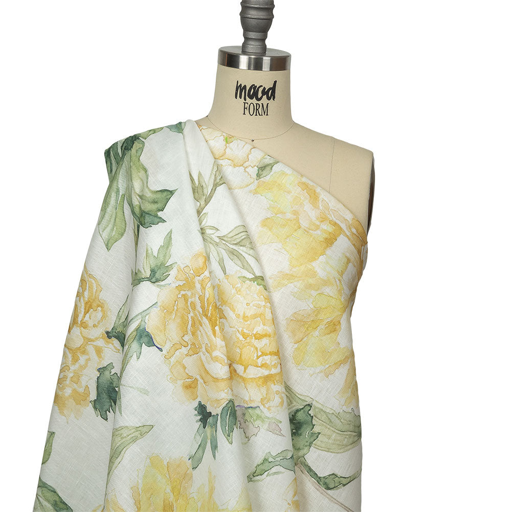 Yellow, Green and White Watercolor Roses Medium Weight Linen Woven Drape Yellow, Green and White Watercolor Roses Medium Weight Linen Woven Drape