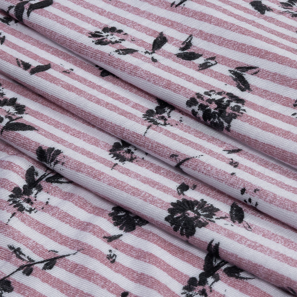 Mauve, White and Black Candy Stripes and Florals Stretch Rayon Jersey Folded Mauve, White and Black Candy Stripes and Florals Stretch Rayon Jersey Folded