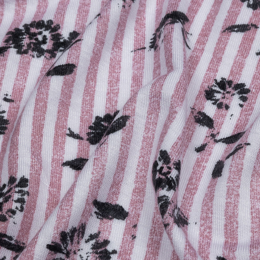 Mauve, White and Black Candy Stripes and Florals Stretch Rayon Jersey Detail Mauve, White and Black Candy Stripes and Florals Stretch Rayon Jersey Detail