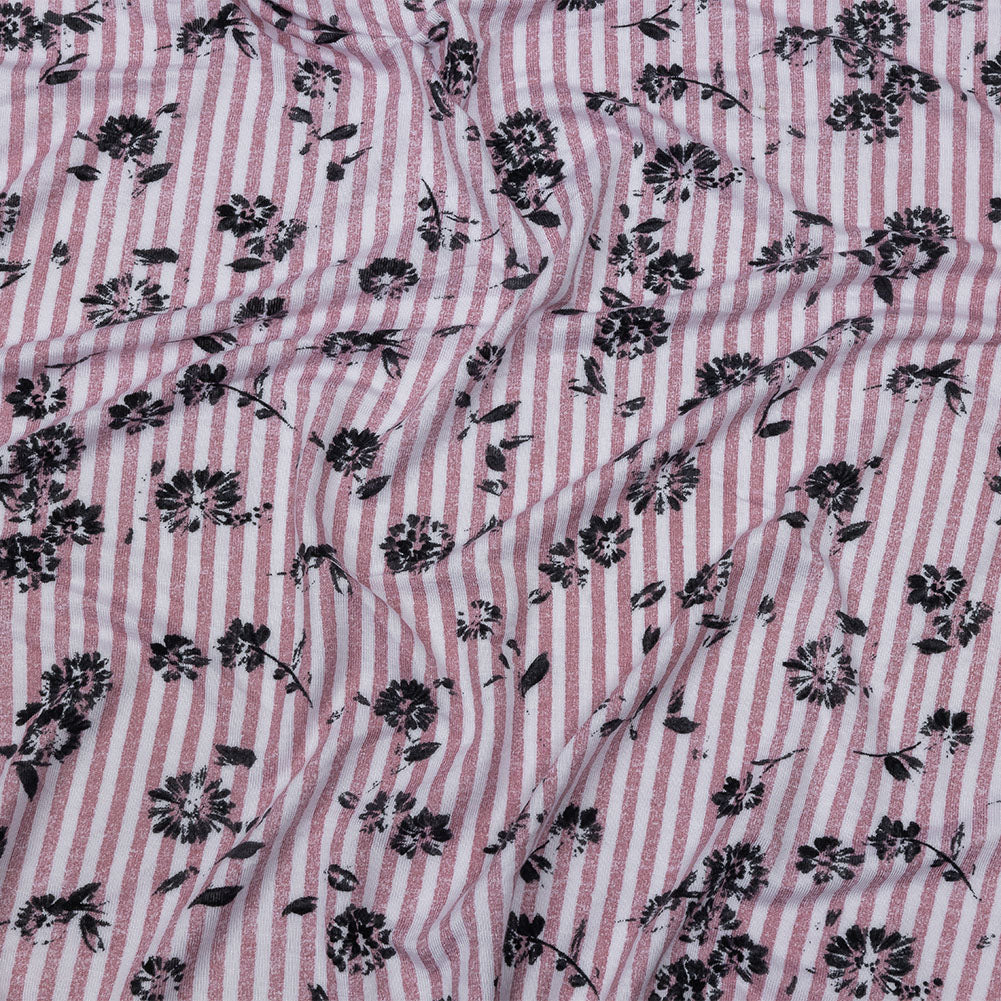 Mauve, White and Black Candy Stripes and Florals Stretch Rayon Jersey Mauve, White and Black Candy Stripes and Florals Stretch Rayon Jersey