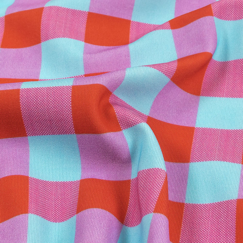 Red Orange and Aqua Checks UV Protective Compression Swimwear Tricot with Aloe Vera Microcapsules Red Orange and Aqua Checks UV Protective Compression Swimwear Tricot with Aloe Vera Microcapsules