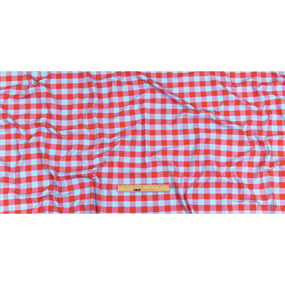 Red Orange and Aqua Checks UV Protective Compression Swimwear Tricot with Aloe Vera Microcapsules Red Orange and Aqua Checks UV Protective Compression Swimwear Tricot with Aloe Vera Microcapsules
