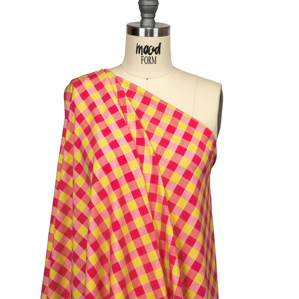 Hot Pink and Yellow Checks UV Protective Compression Swimwear Tricot with Aloe Vera Microcapsules Hot Pink and Yellow Checks UV Protective Compression Swimwear Tricot with Aloe Vera Microcapsules