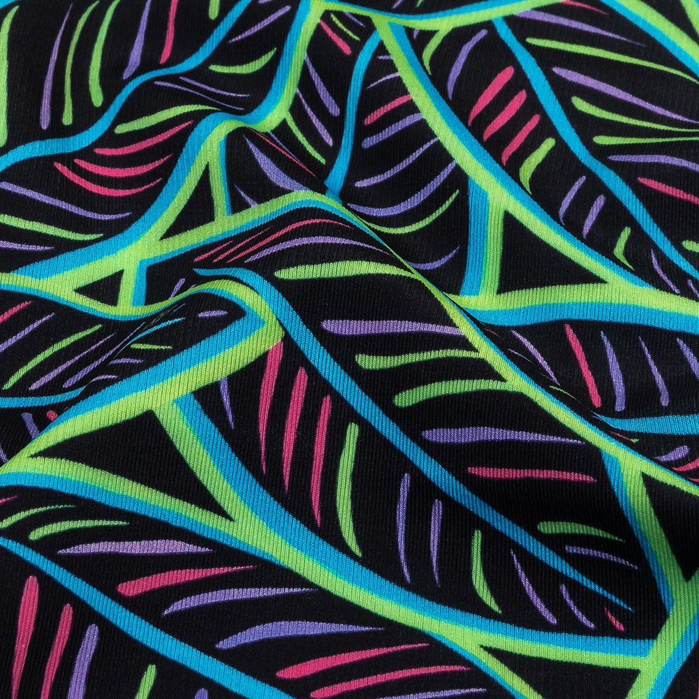Black, Green and Blue Leaves UV Protective Compression Swimwear Tricot with Aloe Vera Microcapsules Black, Green and Blue Leaves UV Protective Compression Swimwear Tricot with Aloe Vera Microcapsules