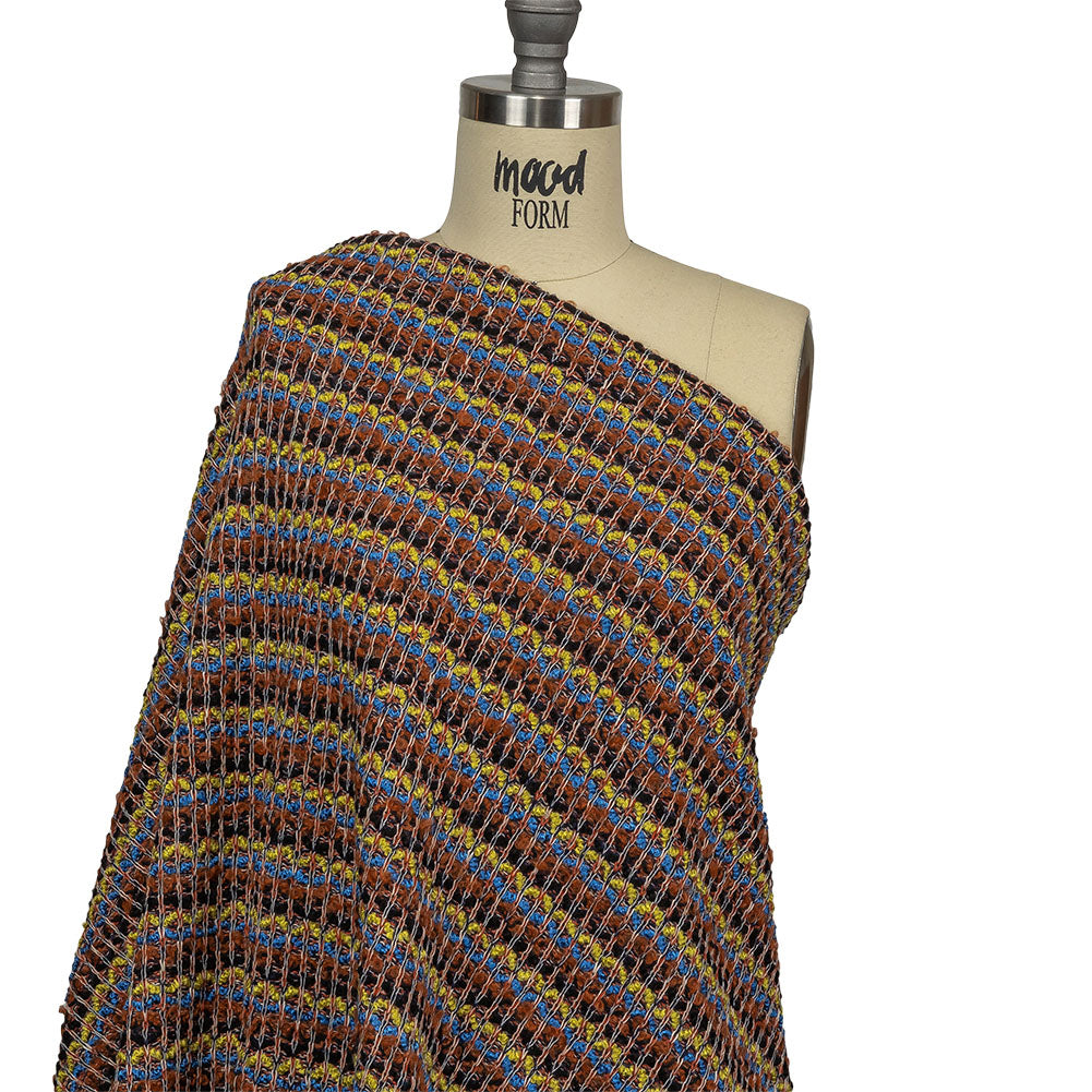 Italian Burnt Orange, Key Lime and Bright Blue Striped Boucle Wool Sweater Knit Drape Italian Burnt Orange, Key Lime and Bright Blue Striped Boucle Wool Sweater Knit Drape