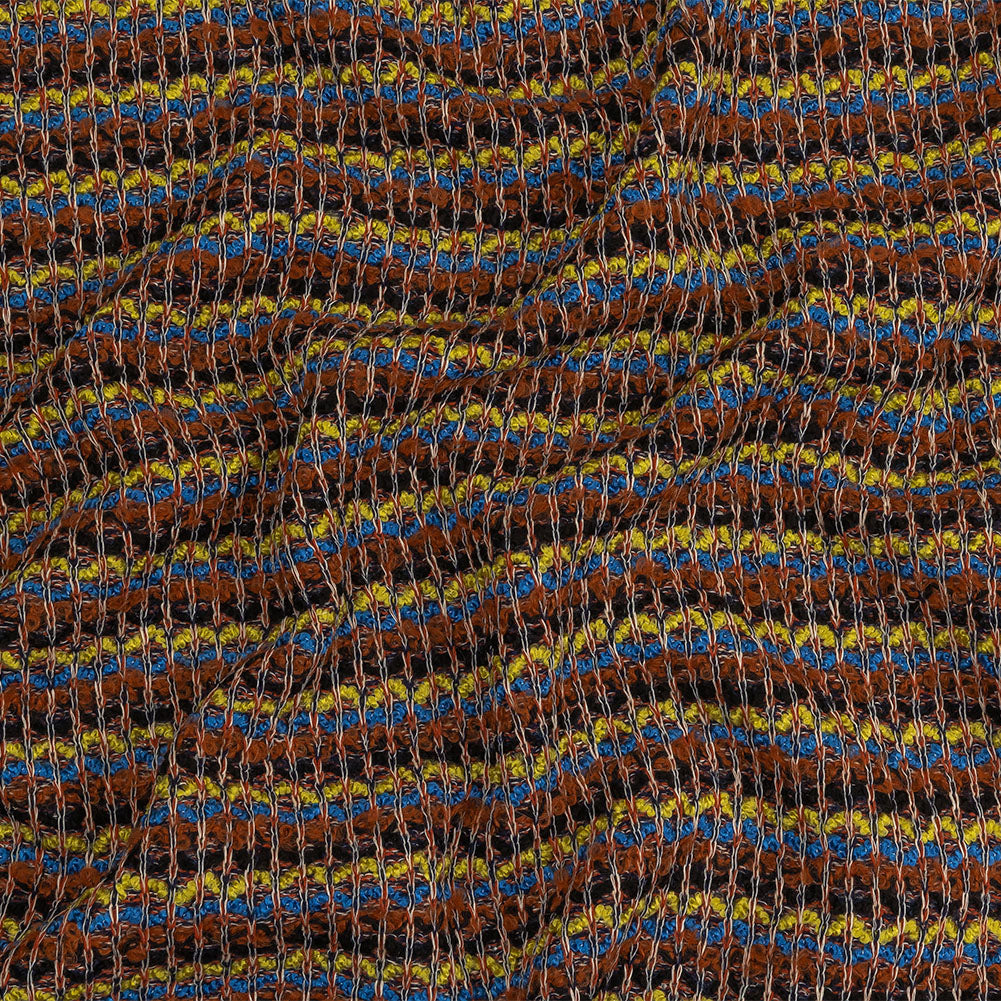 Italian Burnt Orange, Key Lime and Bright Blue Striped Boucle Wool Sweater Knit Italian Burnt Orange, Key Lime and Bright Blue Striped Boucle Wool Sweater Knit