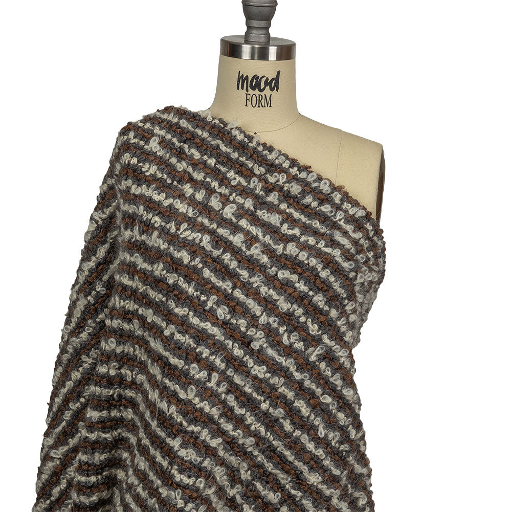 Brown, Charcoal and Off White Striped Plush Boucle Wool Knit Drape Brown, Charcoal and Off White Striped Plush Boucle Wool Knit Drape