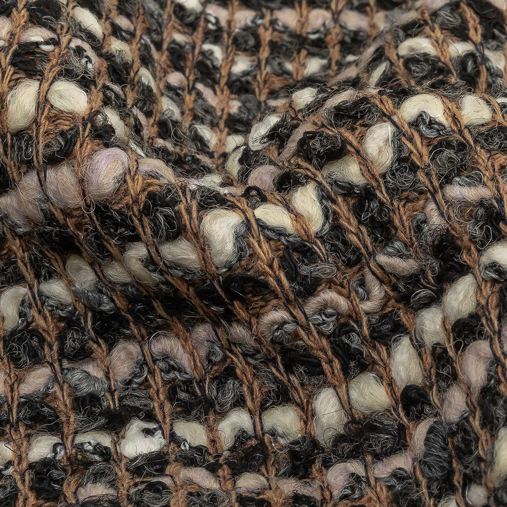 Italian Tan, Charcoal and Cream Striped Boucle Chunky Wool Knit Detail Italian Tan, Charcoal and Cream Striped Boucle Chunky Wool Knit Detail