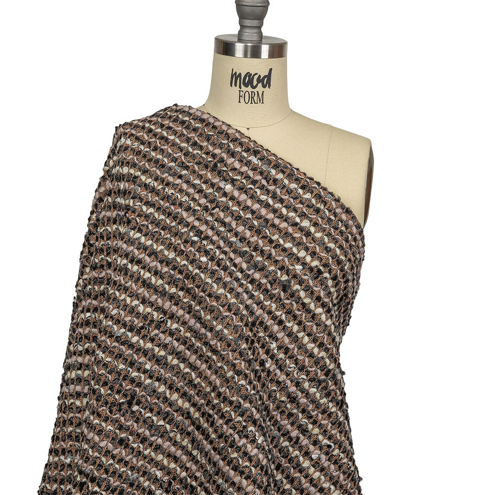 Italian Tan, Charcoal and Cream Striped Boucle Chunky Wool Knit Drape Italian Tan, Charcoal and Cream Striped Boucle Chunky Wool Knit Drape
