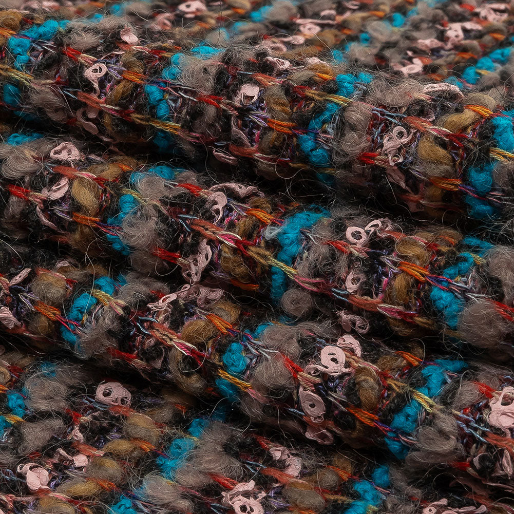 Italian Turquoise, Greige, and Pink Striped Boucle Wool Sweater Knit Folded Italian Turquoise, Greige, and Pink Striped Boucle Wool Sweater Knit Folded