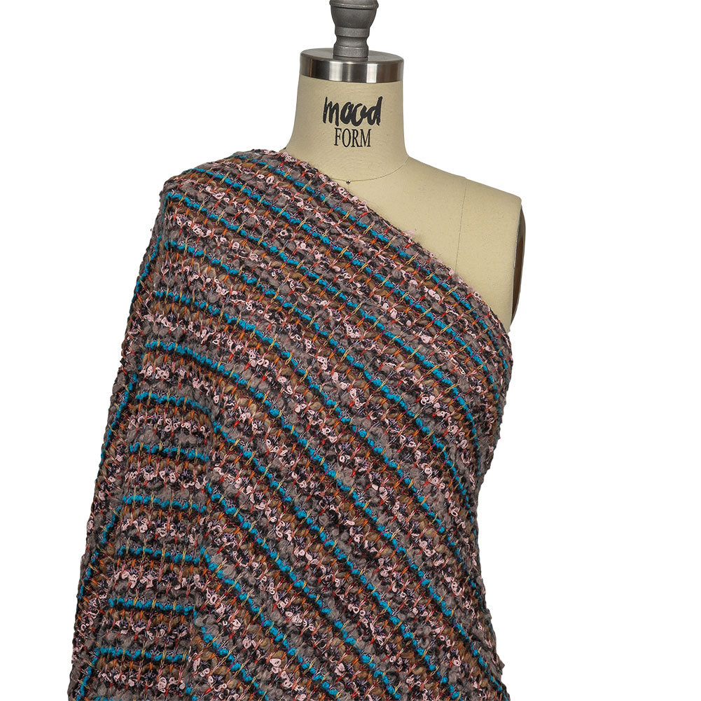 Italian Turquoise, Greige, and Pink Striped Boucle Wool Sweater Knit Drape Italian Turquoise, Greige, and Pink Striped Boucle Wool Sweater Knit Drape