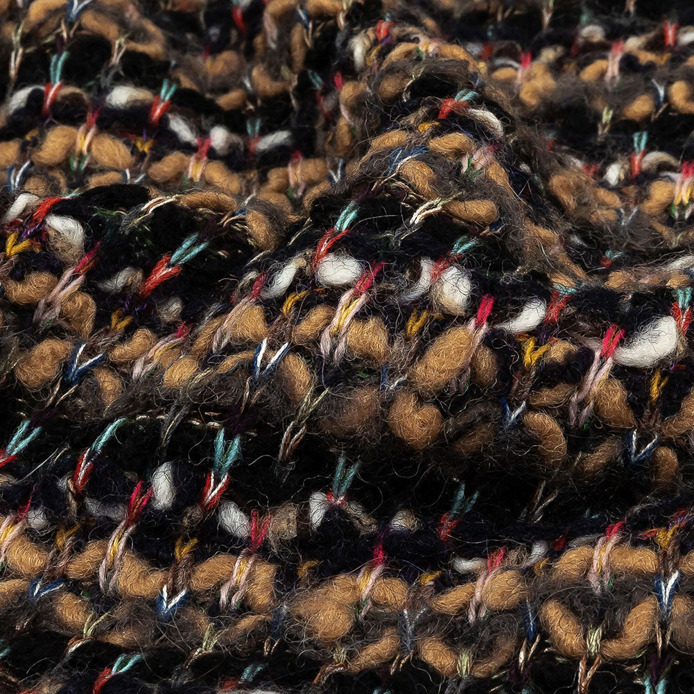 Italian Camel, Gray, and Navy Striped Boucle Wool Sweater Knit Detail Italian Camel, Gray, and Navy Striped Boucle Wool Sweater Knit Detail