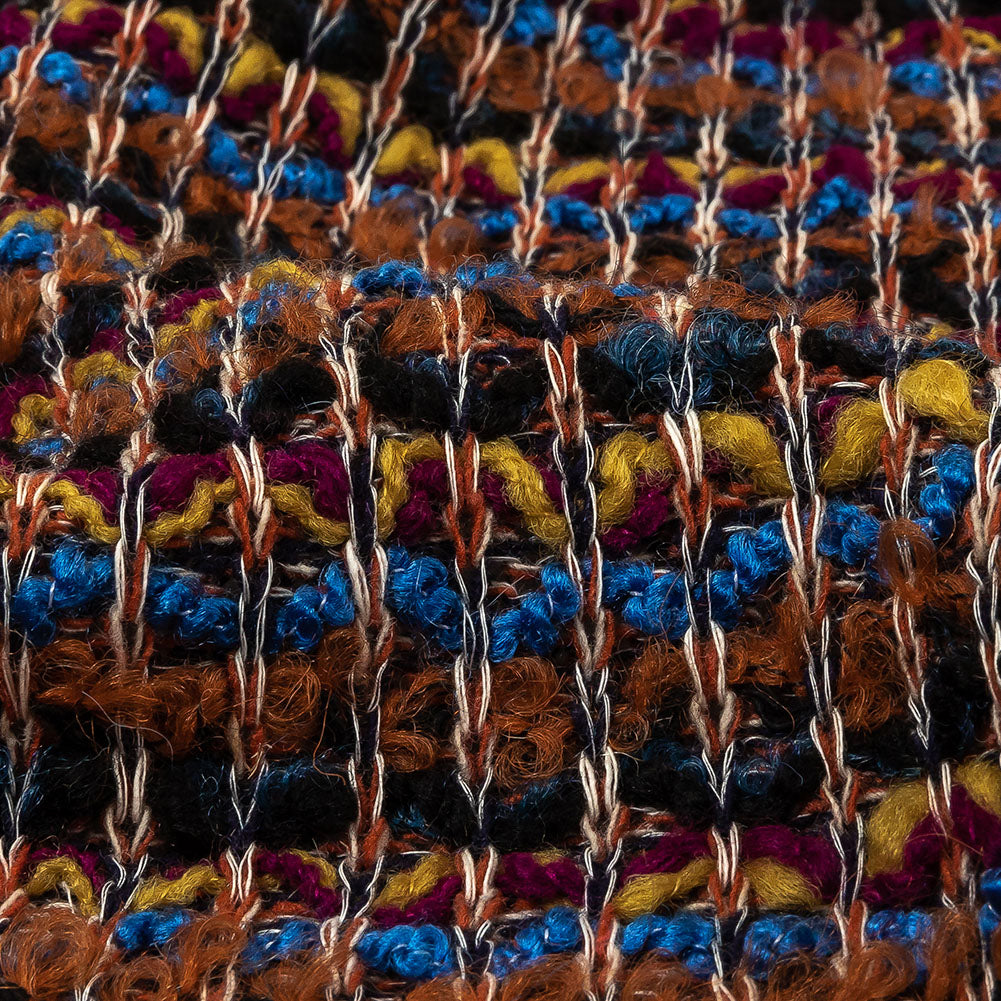 Italian Rust, Fuchsia and Blue Striped Boucled Chunky Wool Sweater Knit Detail Italian Rust, Fuchsia and Blue Striped Boucled Chunky Wool Sweater Knit Detail