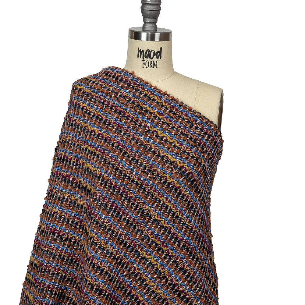 Italian Rust, Fuchsia and Blue Striped Boucled Chunky Wool Sweater Knit Drape Italian Rust, Fuchsia and Blue Striped Boucled Chunky Wool Sweater Knit Drape