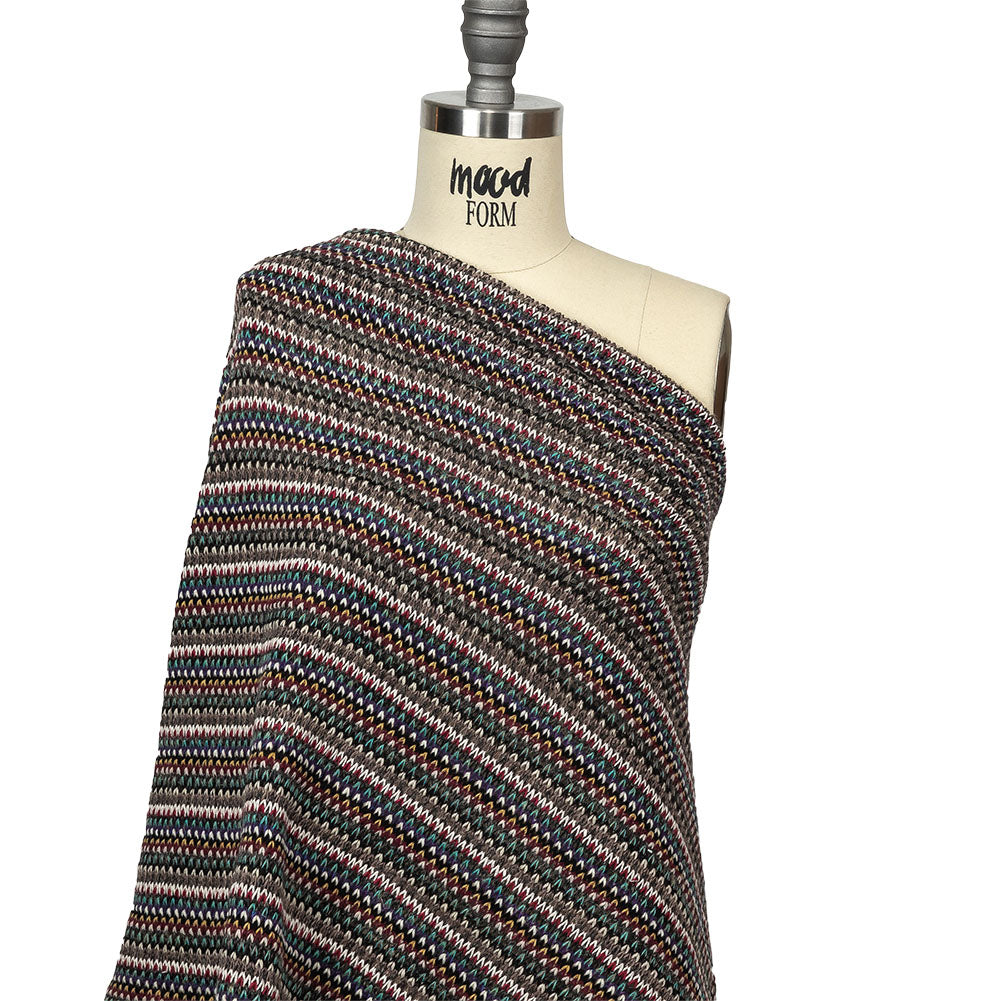Italian Port Royale, Taupe and Blue Striped Chunky Blended Wool Sweater Knit Drape Italian Port Royale, Taupe and Blue Striped Chunky Blended Wool Sweater Knit Drape