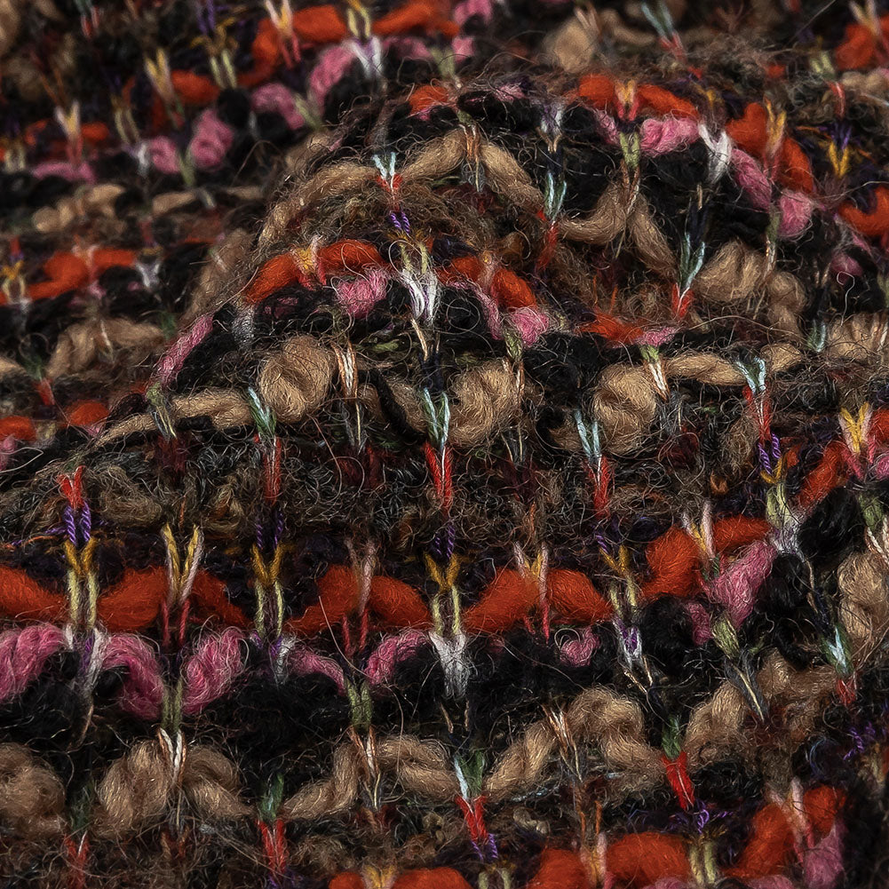 Italian Pink, Black and Orange Striped Boucle Chunky Blended Wool Sweater Knit Detail Italian Pink, Black and Orange Striped Boucle Chunky Blended Wool Sweater Knit Detail