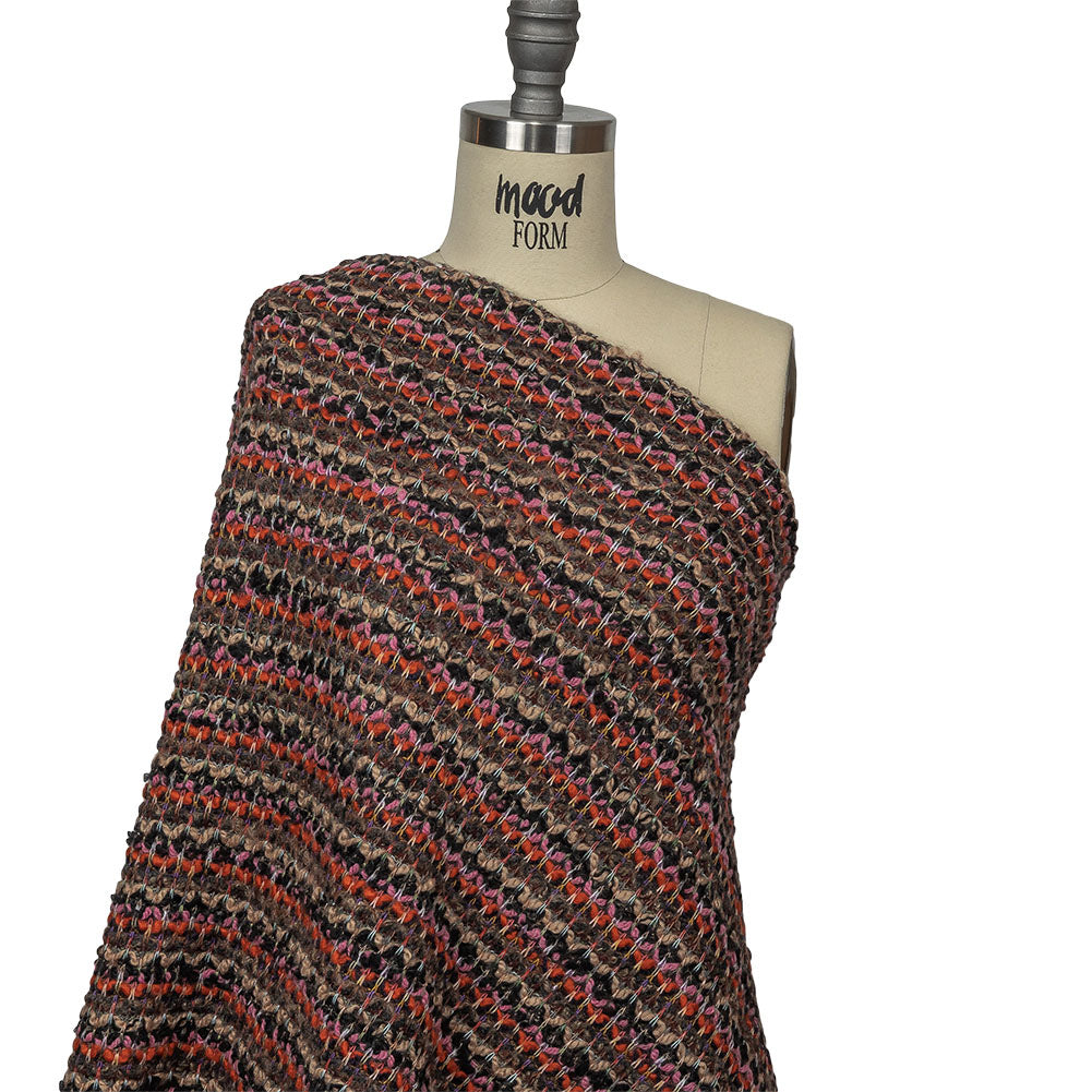 Italian Pink, Black and Orange Striped Boucle Chunky Blended Wool Sweater Knit Drape Italian Pink, Black and Orange Striped Boucle Chunky Blended Wool Sweater Knit Drape